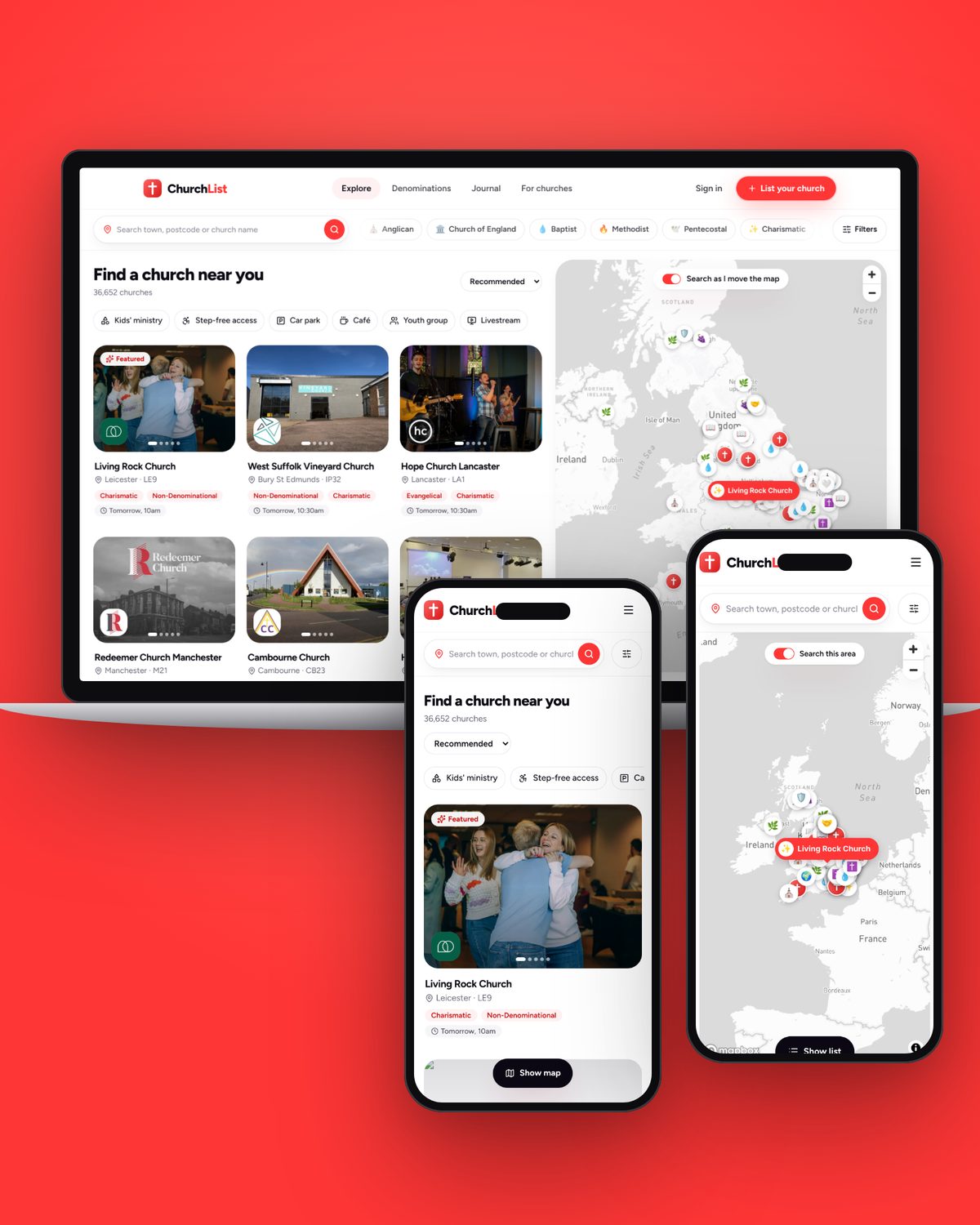 ChurchList web app on laptop and phones