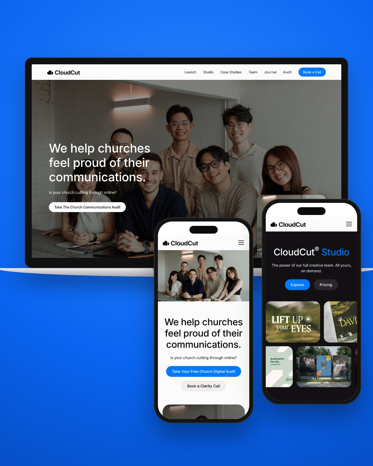 CloudCut website on laptop and phones