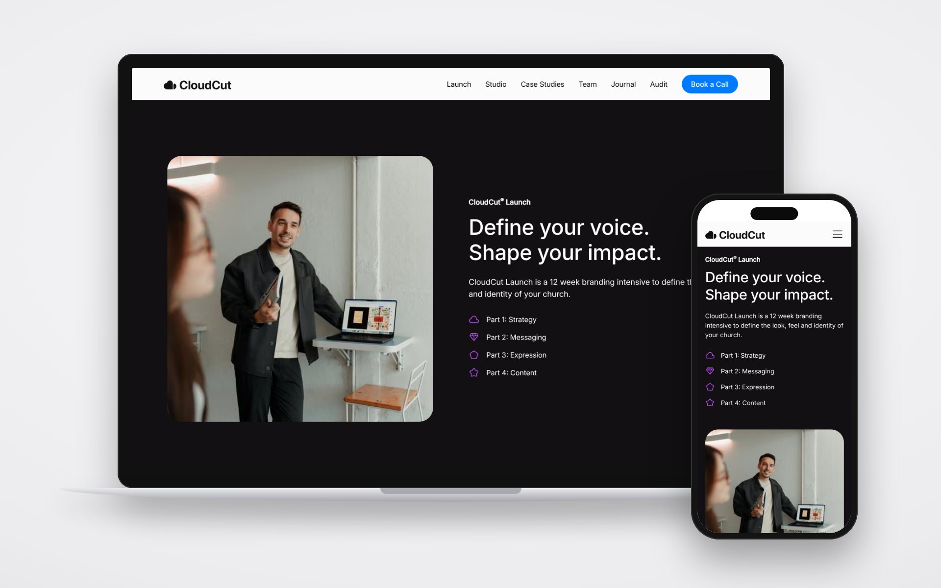 CloudCut: Launch page setting out the four-part branding process