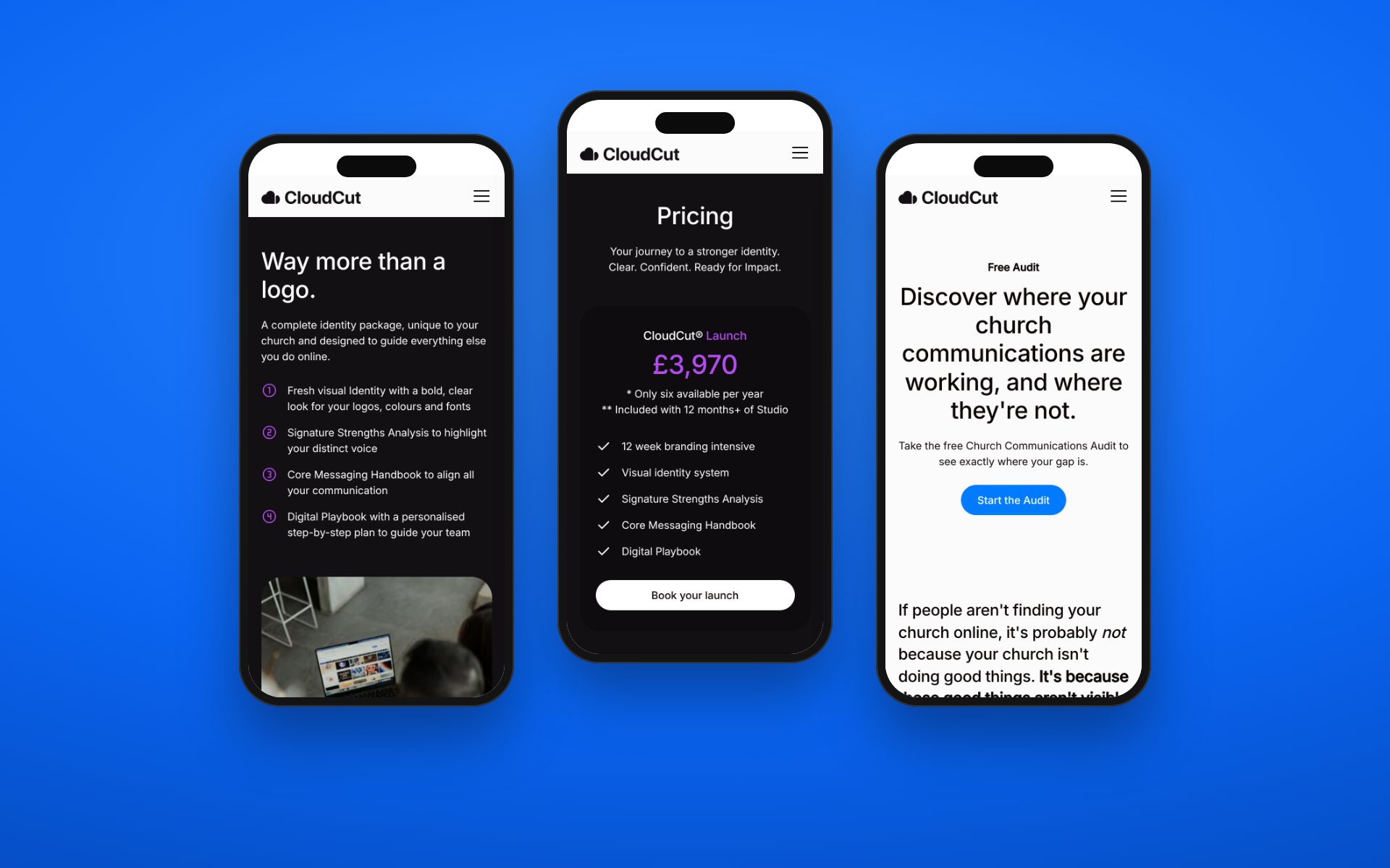 CloudCut: phones showing the Launch package, pricing and free audit