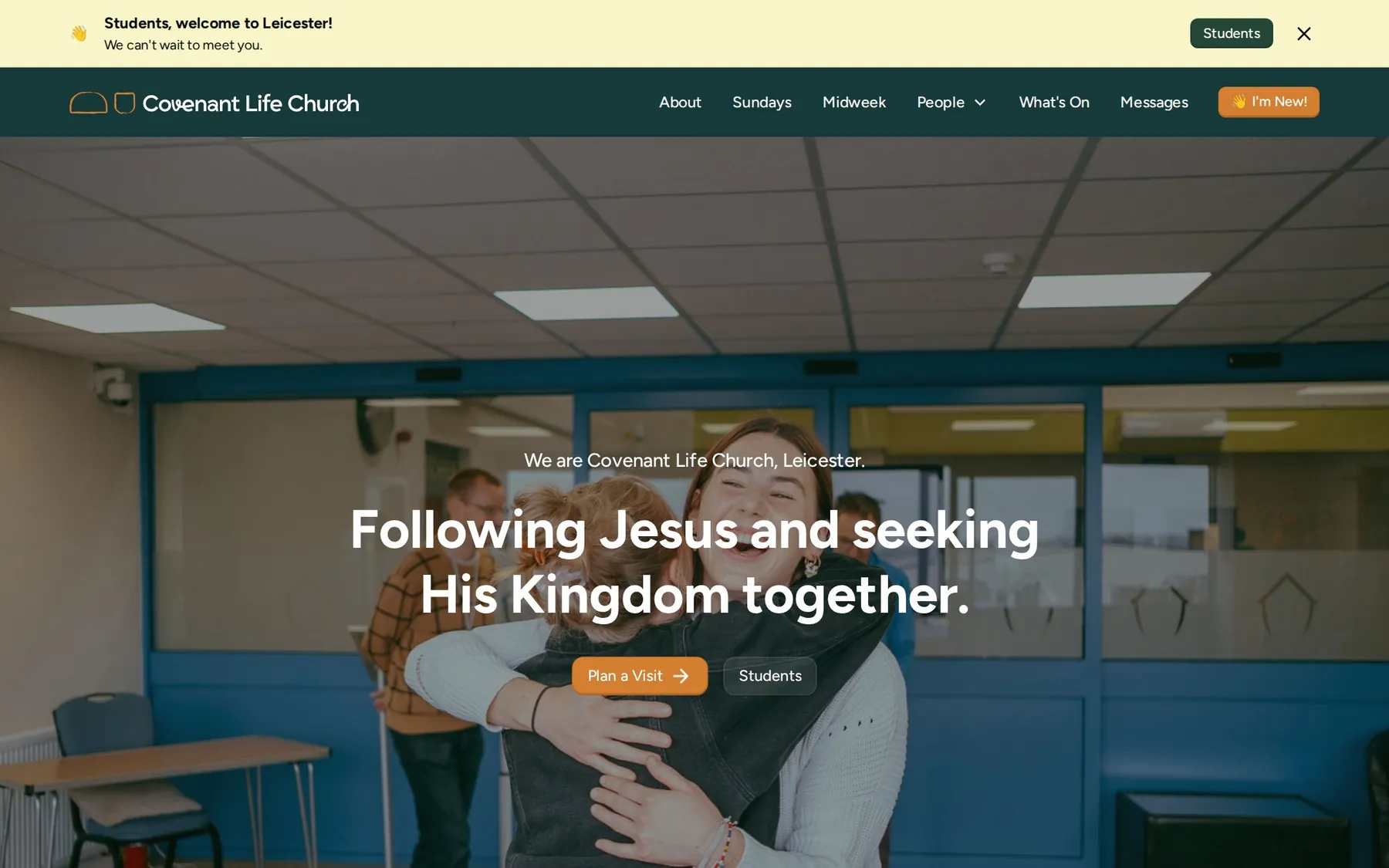 Covenant Life Church homepage on desktop: 'Following Jesus and seeking His Kingdom together' over a photo of the congregation, with Plan a Visit and Students buttons