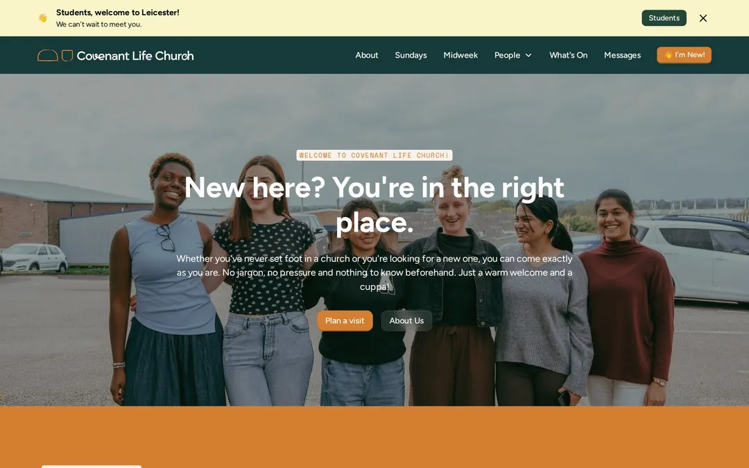 The I'm New page on desktop: 'New here? You're in the right place.' over a photo of church members, with Plan a visit and About Us buttons