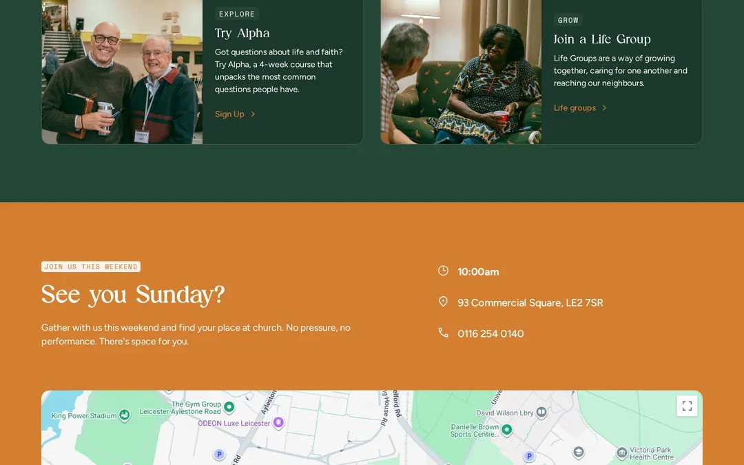 Cards inviting people to try Alpha and join a Life Group, above an orange 'See you Sunday?' panel with the 10am service time, address and a map