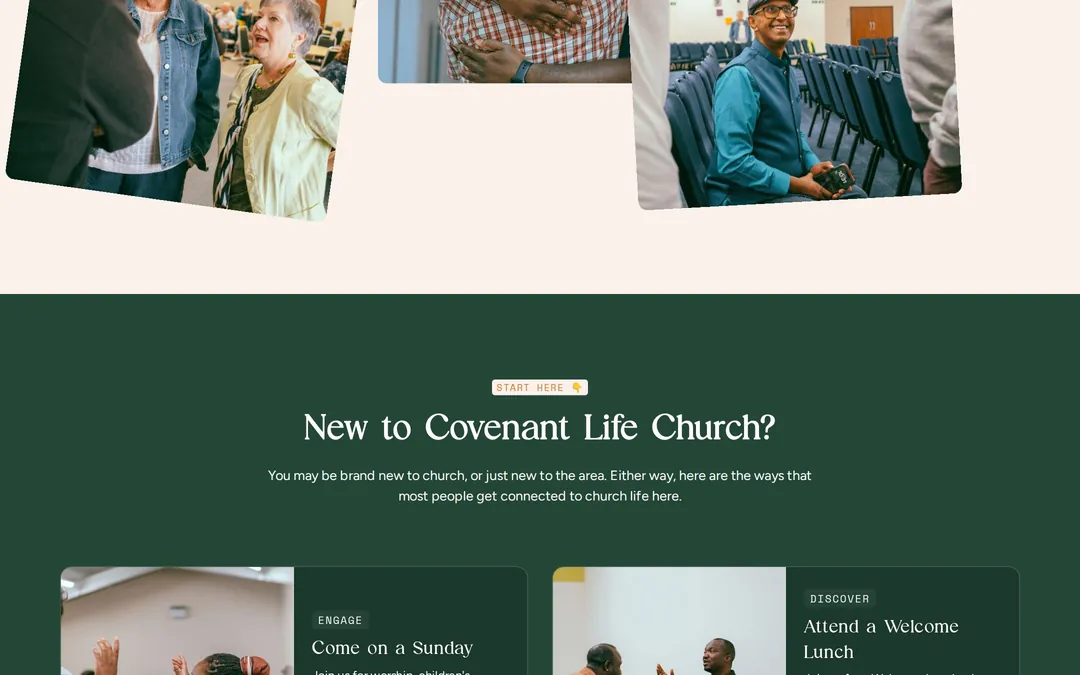The Start Here section on desktop: 'New to Covenant Life Church?' on deep teal, with cards for the first steps, Come on a Sunday and Attend a Welcome Lunch