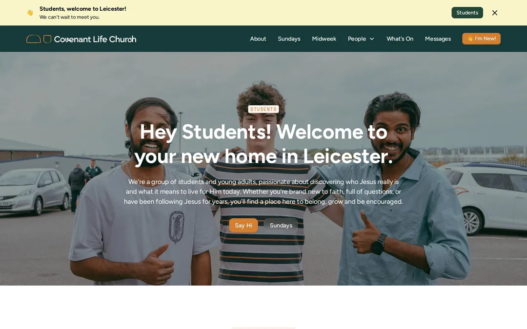 The students page on desktop: 'Hey Students! Welcome to your new home in Leicester.' over a photo of a smiling student giving a thumbs up