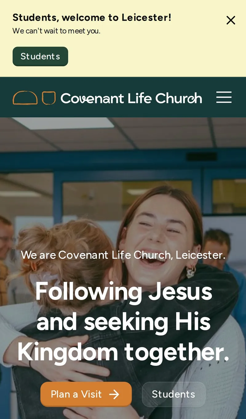 The homepage on a phone, with a students welcome banner above the headline and a Plan a Visit button