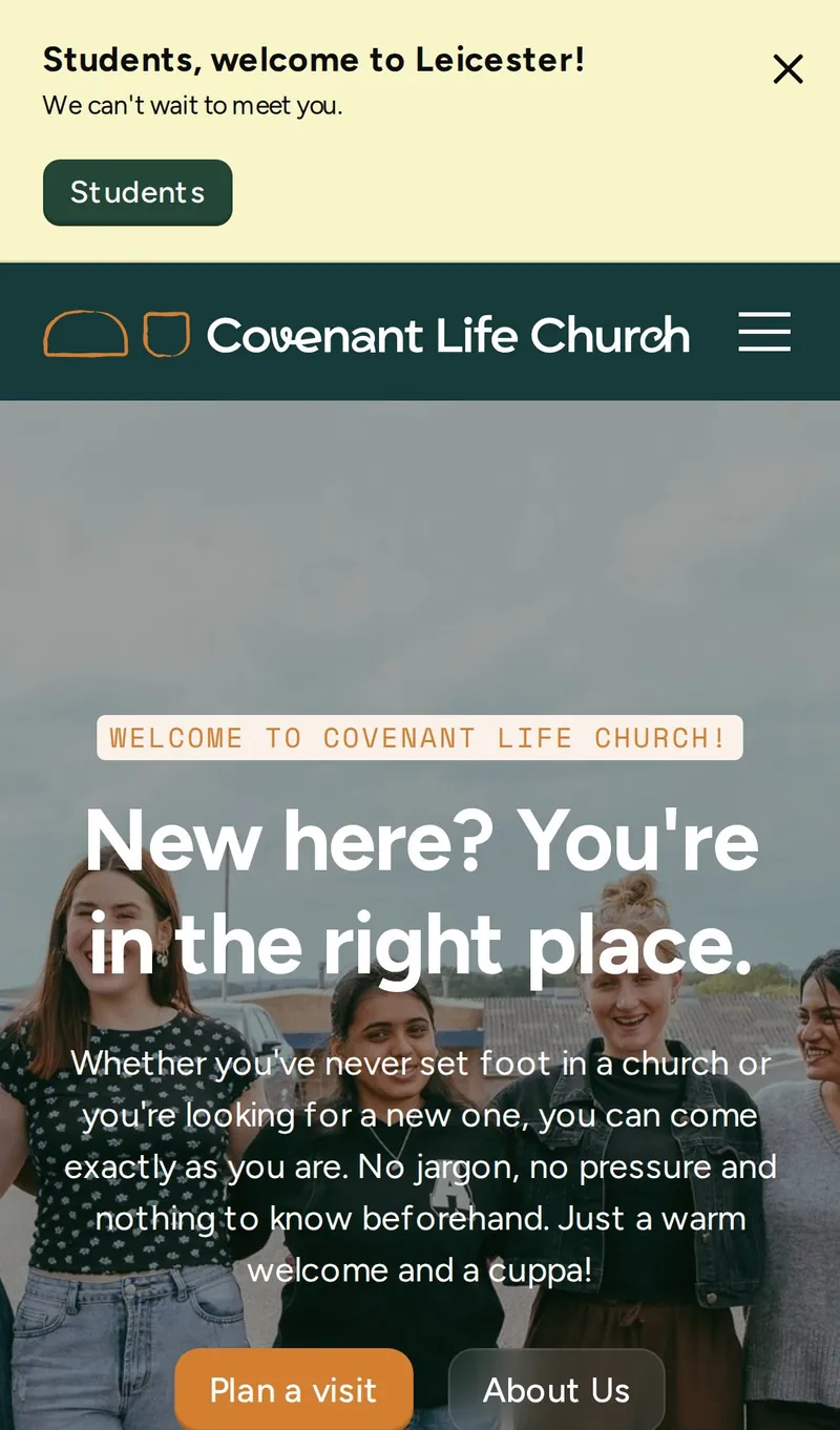 The I'm New page on a phone: 'New here? You're in the right place.' with Plan a visit and About Us buttons