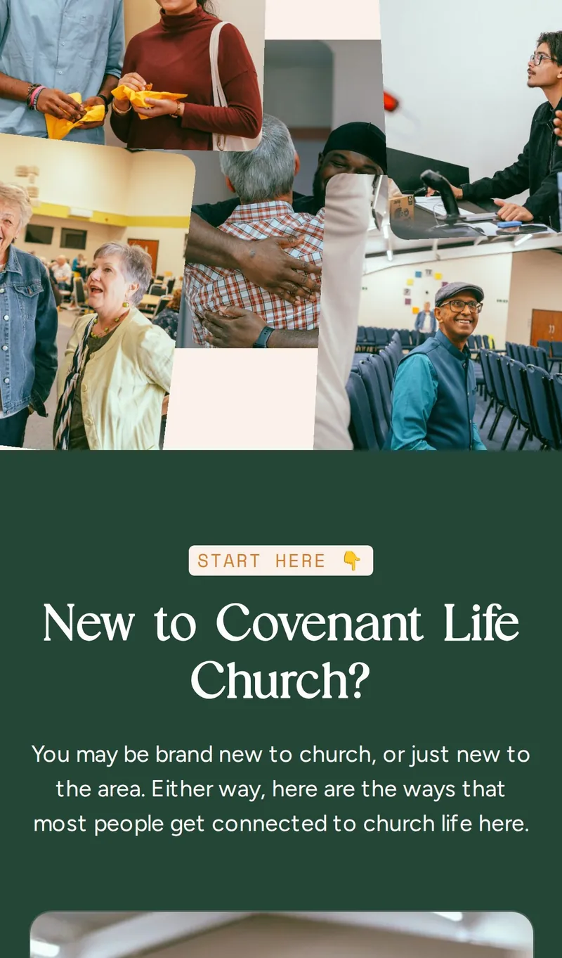 The Start Here section on a phone: a collage of church photos above the heading 'New to Covenant Life Church?'