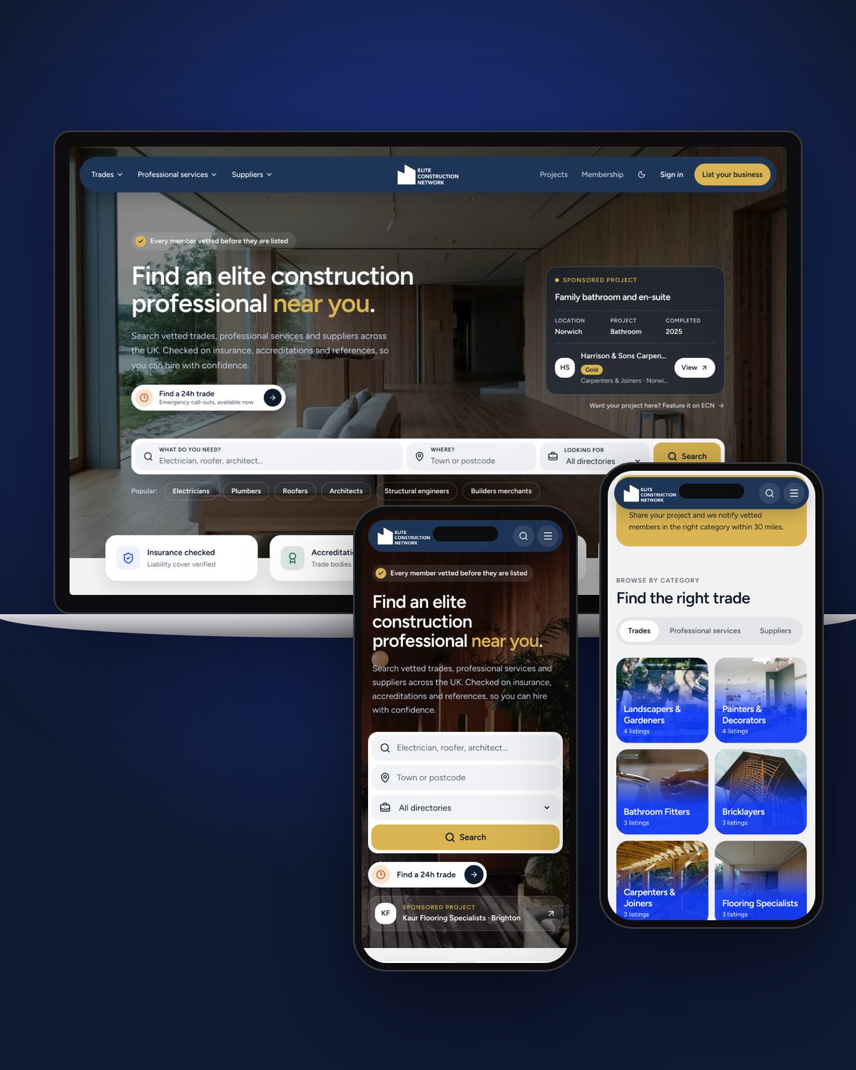 Elite Construction Network web app on laptop and phones