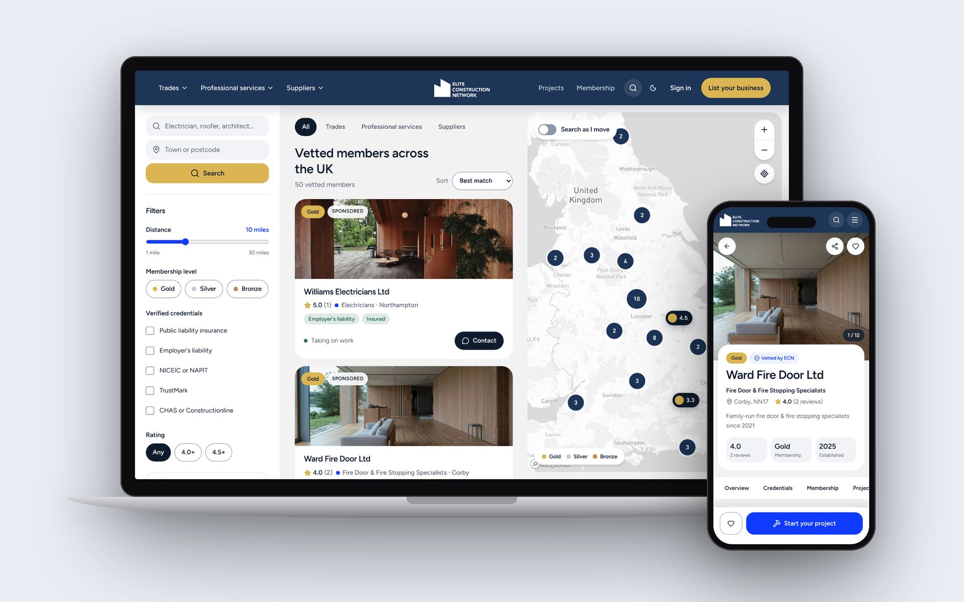Elite Construction Network: search with map and filters