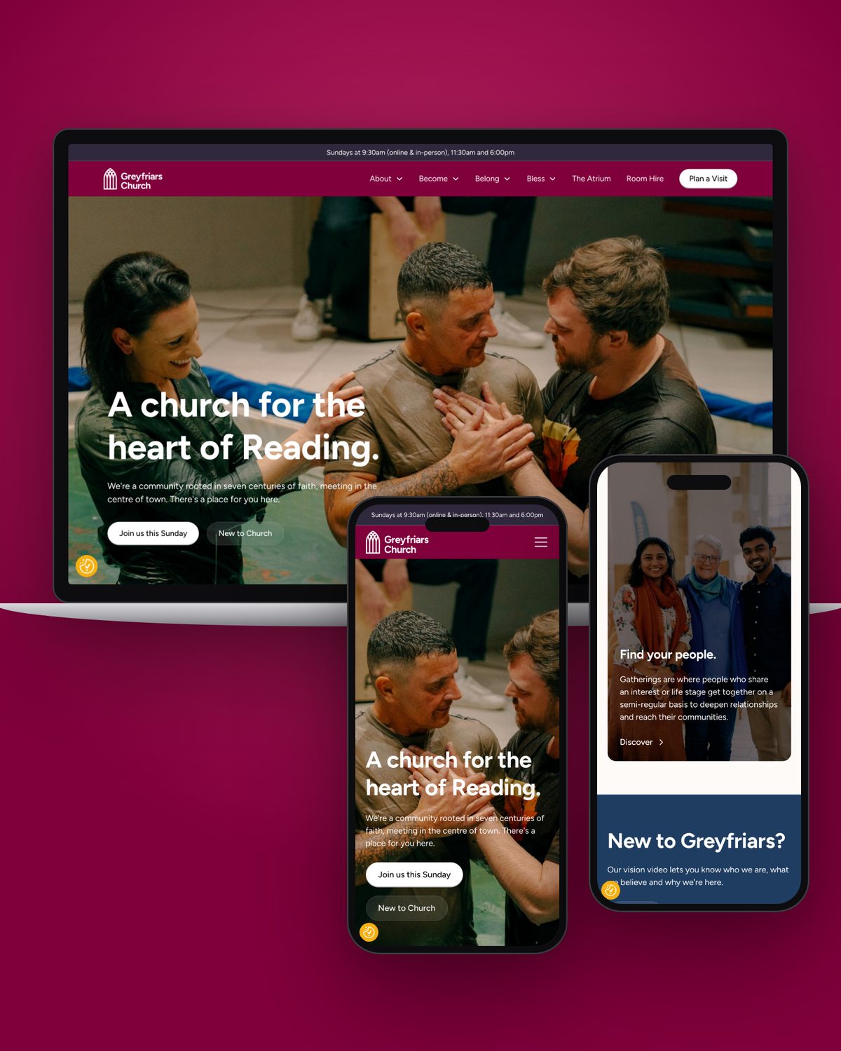 Greyfriars Church website on laptop and phones